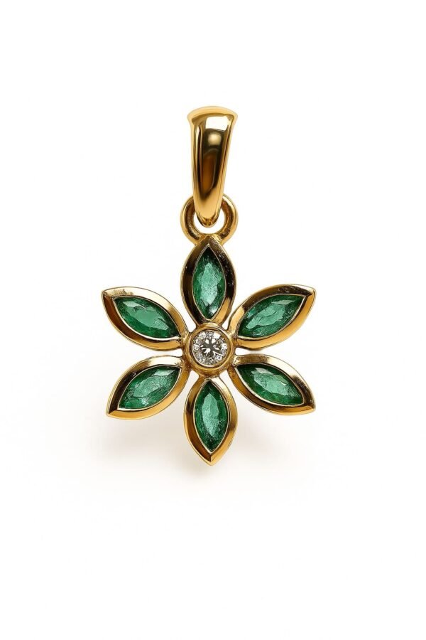 18K Gold Flower Pendant with Emerald & Diamond