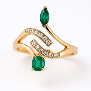 Two Emerald Ring in 18K Solid Gold with Diamonds